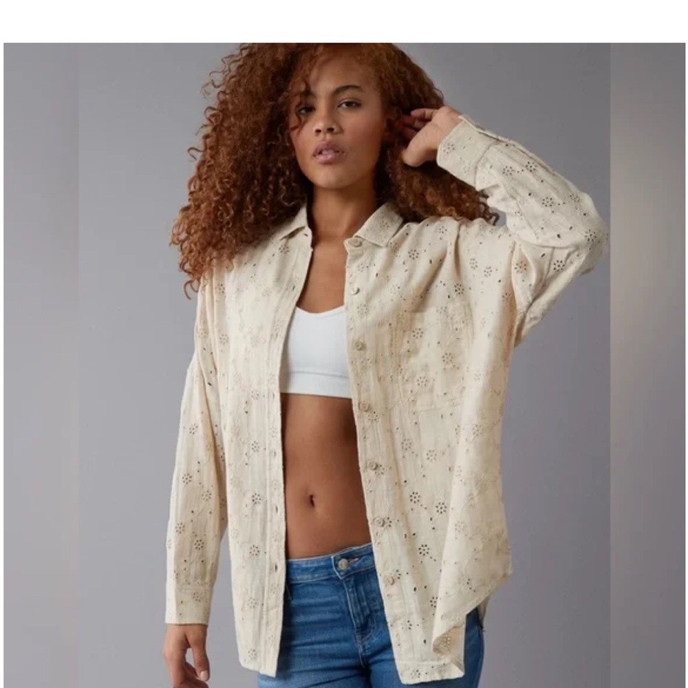 American Eagle Outfitters Cream Eyelet Button-Down Shirt